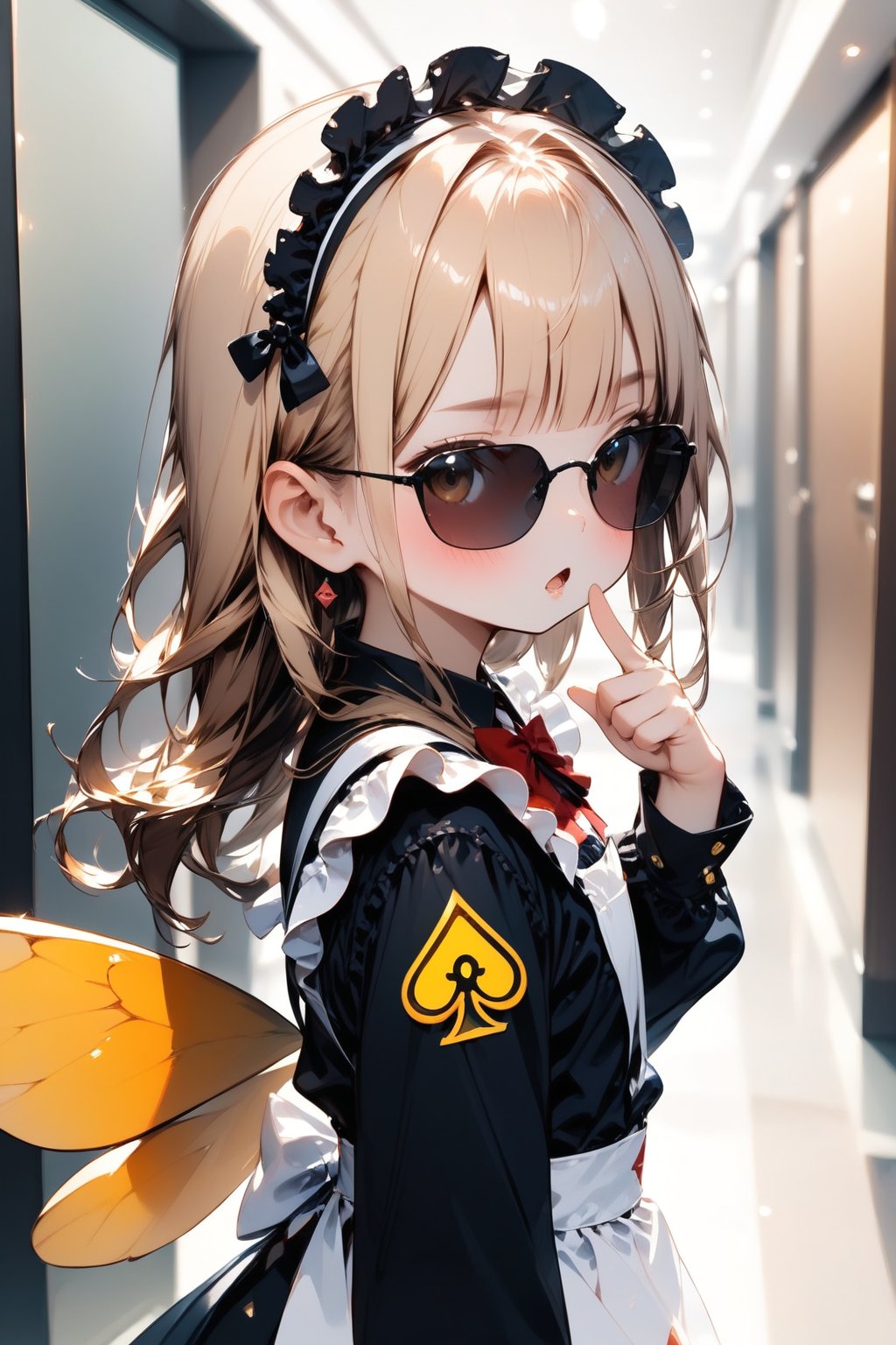 //quality, masterpiece:1.4, detailed:1.4, best quality:1.4,//,1girl,solo,loli,//,blonde hair,(long hair),blunt bangs,//,bee_wings,(sunglasses),spades_symbols,bow,maid headband,white maid_costume with spades_symbols,long_sleeves,white gloves,//,blush,mouth_open,serious,//,walking,hand_up,finger_up,looking_at_viewer,//,indoors, hallway,Deformed,agtsg,sunglasses,Details,Detailed Masterpiece,from_side,close-up,