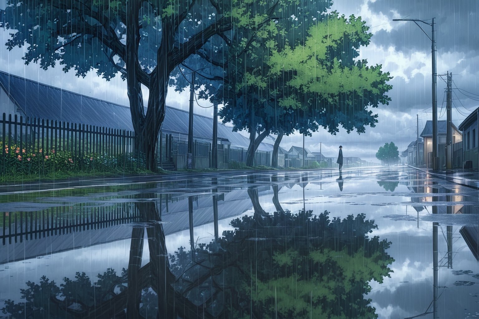 //quality, (masterpiece:1.4), (detailed), ((,best quality,)),//(heavy raining:1.3),cloudy,town, horizon,road,scenery,(flowers:1.4),fog,fence,trees,leaf,plant,reflection,spring,Reflections