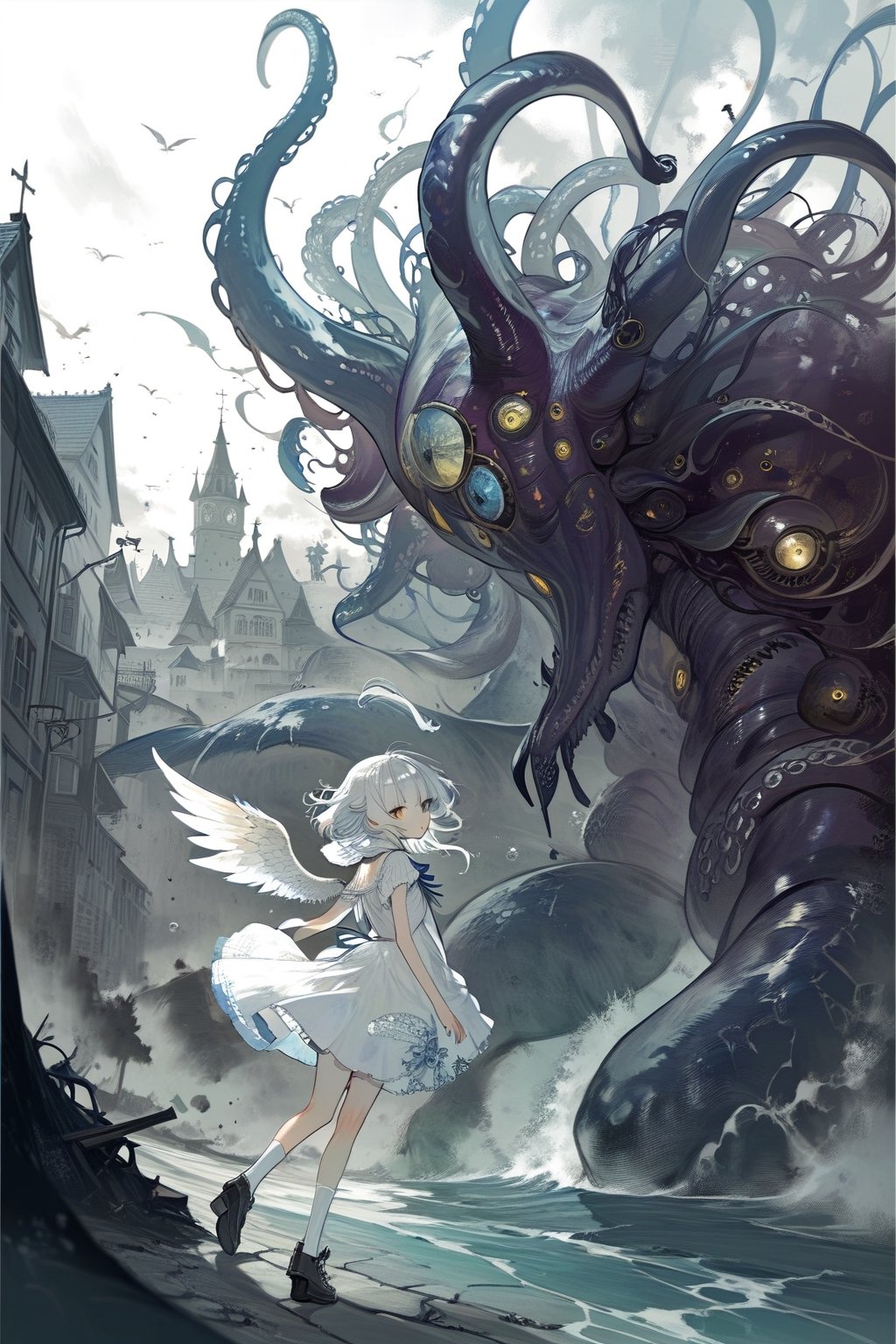 //quality, (masterpiece), (detailed), ((,best quality,)),//,loli,lolita_fashion, Revised prompt:
Prepare to be enchanted by the mesmerizing depiction of a young angelic girl with six pairs of angel wings. Her flowing white hair cascades over one eye, accentuating her innocent beauty. The presence of an ahoge adds a playful touch to her appearance. With mesmerizing heterochromia iridum, her eyes captivate with their mismatched colors. 

Tilting her head with a hint of curiosity, she dons a charming lolita-inspired outfit that perfectly complements her ethereal aura. As she looks back, a captivating sense of nostalgia and innocence is conveyed. 

The backdrop of the artwork reveals a city in chaos, ravaged by the monstrous tentacles of a Lovecraftian creature. Through a perspective that offers a glimpse from behind, the destruction and turmoil of the city are vividly portrayed. 

A close-up portrait of the angelic girl showcases the impeccable attention to detail, allowing viewers to appreciate the intricate craftsmanship of this masterpiece. This artwork promises exceptional quality, capturing the delicate beauty and intricacies of the scene with meticulous precision.//, ,aesthetic