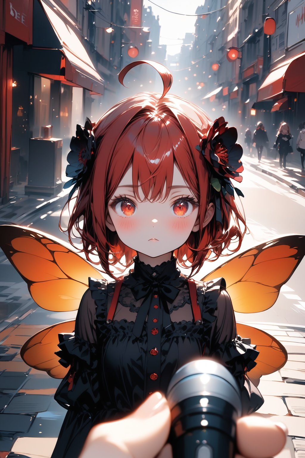 //quality, masterpiece:1.4, detailed:1.4, best quality:1.4,//,1girl,//,(red hair),short hair,ahoge,sidelocks,beautiful detailed eyes,glowing eyes,(red eyes),//,hair_flowers,(bee_wings),black gothic_lolita,//,blush,expressionless,mouth_open,looking_at_viewer,//,standing,//,outdoors,street,Details,Detailed Masterpiece,Deformed,close_up,straight-on,pov,pov microphone,