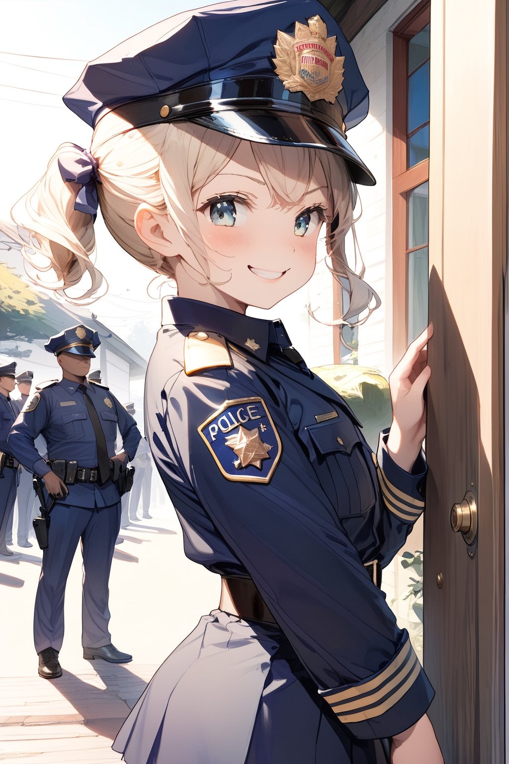 //quality, (masterpiece:1.3), (detailed), ((,best quality,)),//1girl,(loli:1.4),child,//,blonde_hair,sidelocks,(twin drills:1.4),detailed eyes,colorful eyes,//,(Text "FBI" uniform :1.4),(police_uniform:1.4),police_cap,((FBI badges,)),white thighhgihs,//,(smirk:1.2),blush,:3//,profile,from_side,road outside the door,closed_door,wiude_shot,Porch Front,plants,leaf,(,multiple_men,6men,many army polices surrounding the girl:1.4)