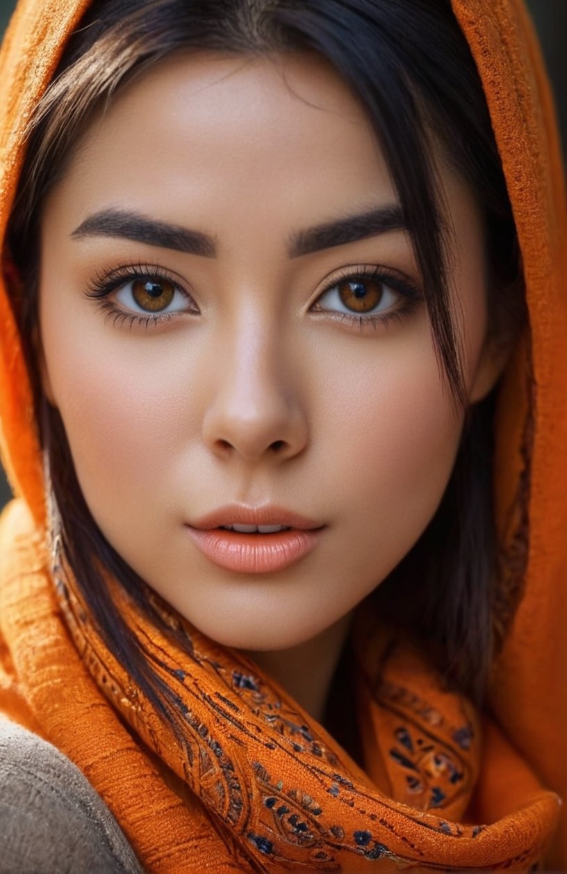 Photo of Beautiful young woman. Detailed face. Close up. Beautiful mesmerizing eyes. (((Scarf Orange))). Smooth skin. Light and Shadows on face. Vibrant colors. Balanced. Symetrical., Miki Asai Macro photography, close-up, hyper detailed, trending on artstation, sharp focus, studio photo, intricate details, highly detailed, by greg rutkowski, Developed and designed by Toni C., created in Playground AI
