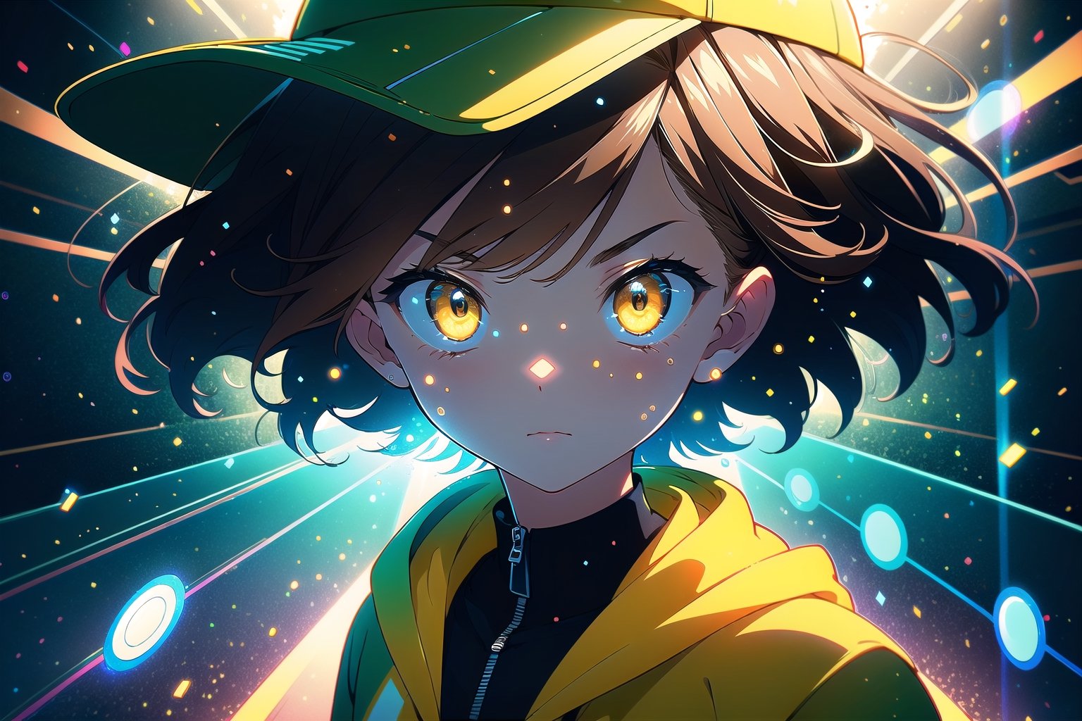 (masterpiece),  1 girl, teen, light brown eyes, brown hair, strong wind, scared face, yellow unzipped yellow hoodie by wind, topless behaind the hoodie, yellow cap, shorts, CFI, science fiction,  magic circles,  light blue particles,  light rays,  futuristic exterior, holographic interface,portrait,illustration, 3/4 close-up, Landing pose, downloading holographic, epic footage, UFO light spectrum 