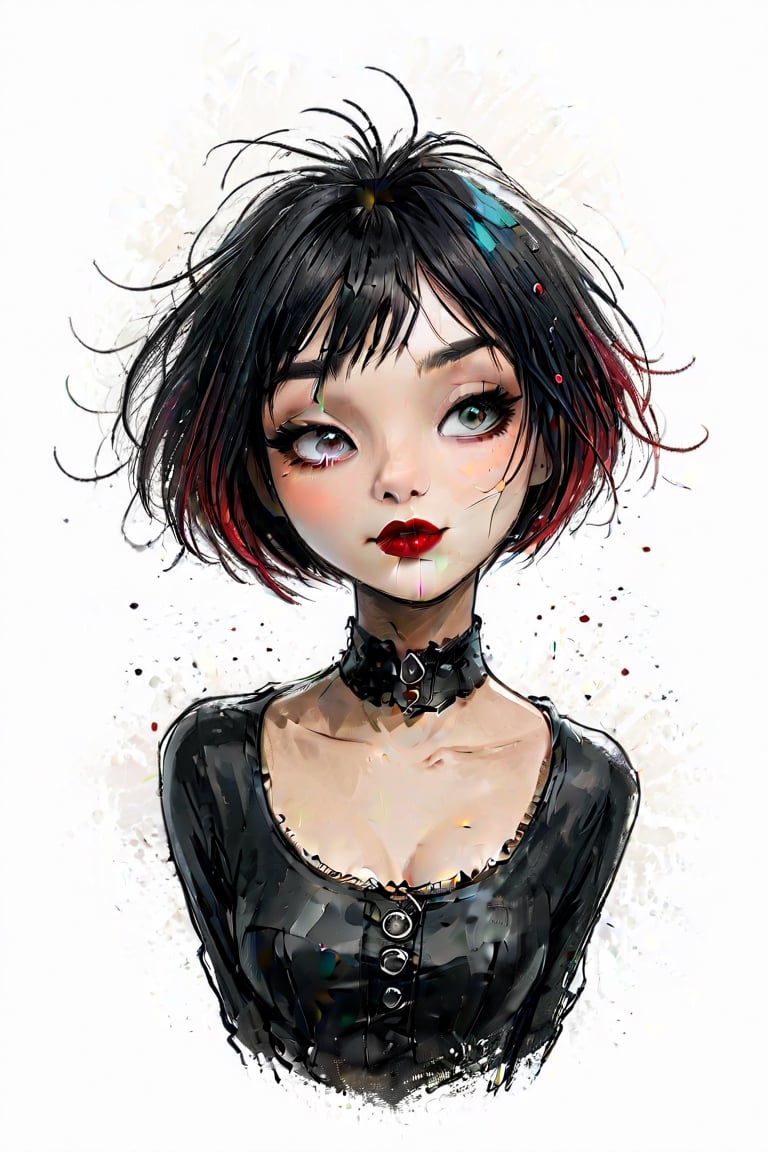 sticker design, steampunk, upper body, close eyes, white background, bob cut, short hair, multicolored hair, makeup , parted lips, black lips, eyeliner, gothic, goth girl,
her hair is styled in a bob with bangs. the tips of her hair are dyed red. sweet cartoon style

,disney pixar style