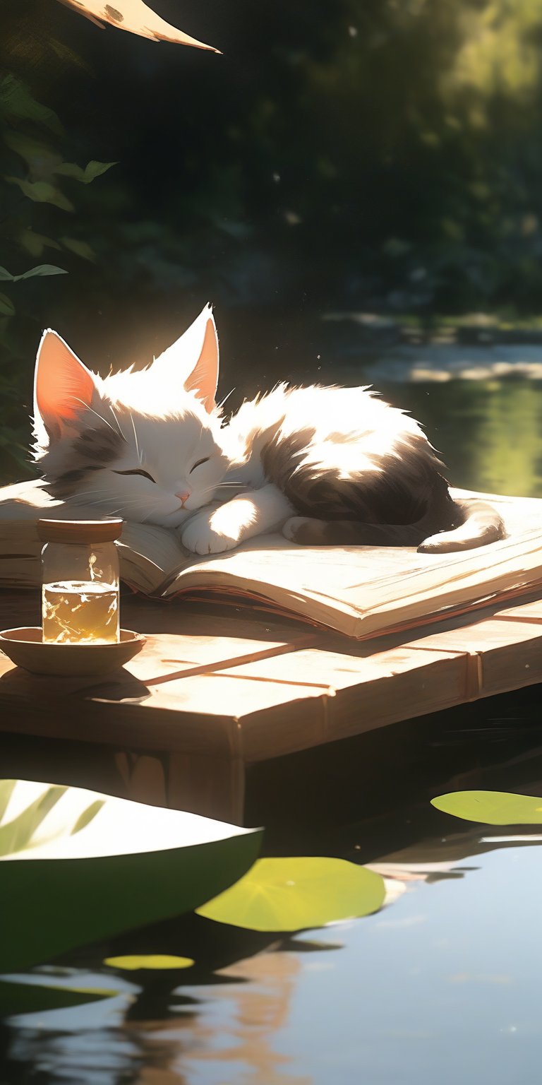 masterpiece, high quality, 8K, high_res, 
Realistic, CG style, on a hot summer day, the soft sunlight casts mottled light and shadow through the leaves. A young girl in a dress takes a nap while lying on a Japanese wooden platform on a pond, next to an open book, a cold drink and a cute gray mini kitten. Peaceful and peaceful atmosphere, beautiful, elegant, very detailed, establishing shot, 