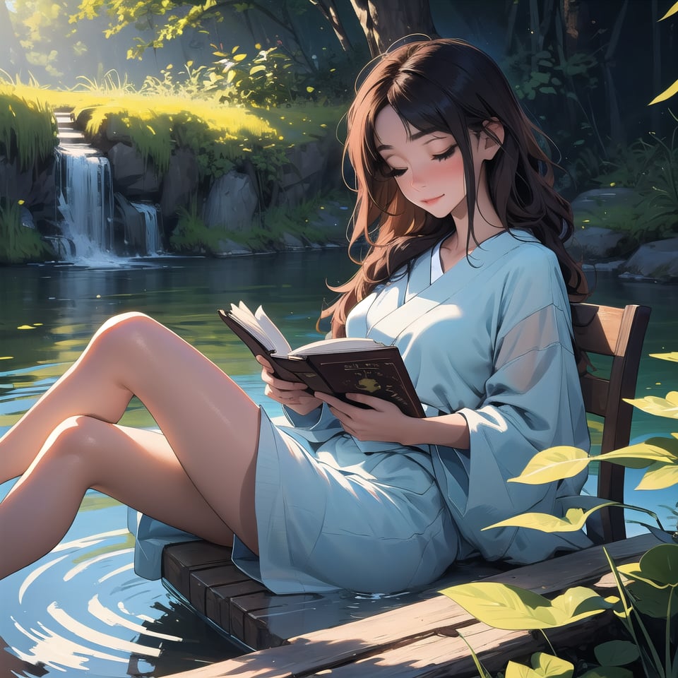 Soft sunlight filters through lush greenery, casting dappled shadows on the tranquil scene. A teenage girl, dressed in a flowy gown, reclines on a traditional Japanese platform floating serenely on the pond's surface. Her open book and glass of icy drink beside her, she rests peacefully, eyes closed, as if savoring the warmth of the day. The gentle ripples on the water and the subtle rustling of leaves create a soothing atmosphere, with the subject's elegant features illuminated by the warm sunlight.