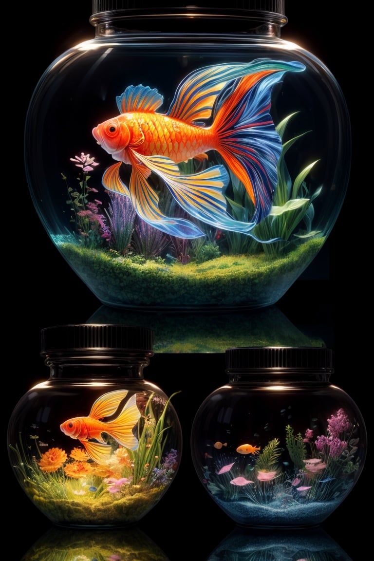 By dropping various colors of paint into a transparent aquarium, watch them naturally spread in the water to form simple lines. These colorful lines spreading in the water form a goldfish tail fin-like outline, emphasizing the beauty of natural diffusion. Ultra detailed illustration of a( transparent ) goldfish, glowy, translucent, transparent,  bioluminescent flora, incredibly detailed, pastel colors, handpainted strokes, visible strokes, oil paint, art by Mschiffer, night, bioluminescence