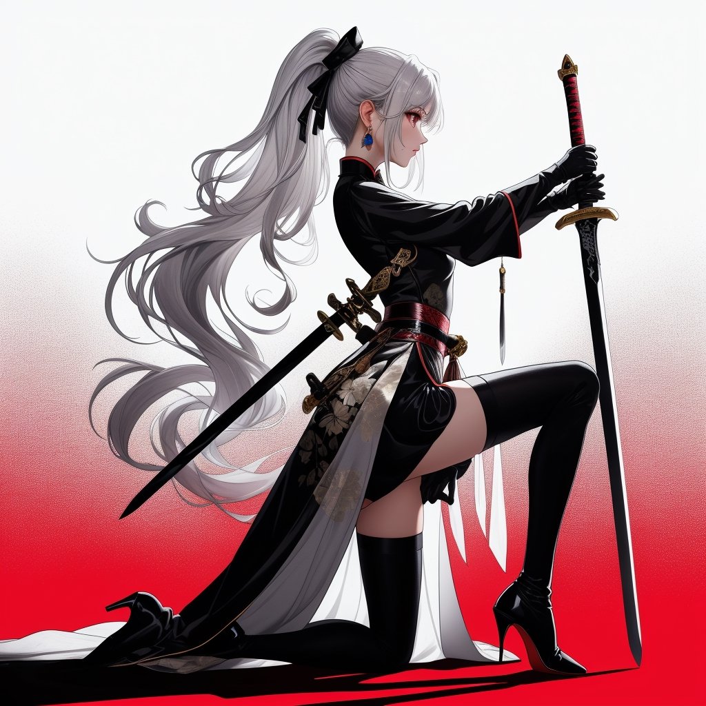 1girl, solo, simple background, gloves, long sleeves, Great sword, long sword, chinese traditional dress, jewelry, standing, full body, weapon, silver hair, earrings, black gloves, high pony tail, black footwear, high heels, from side, profile, makeup, high heel boots, sword stuck in the ground, hands hold the sword hilt in front of her chest, long skirt,Fashion cheongsam, HanFu,jianxian