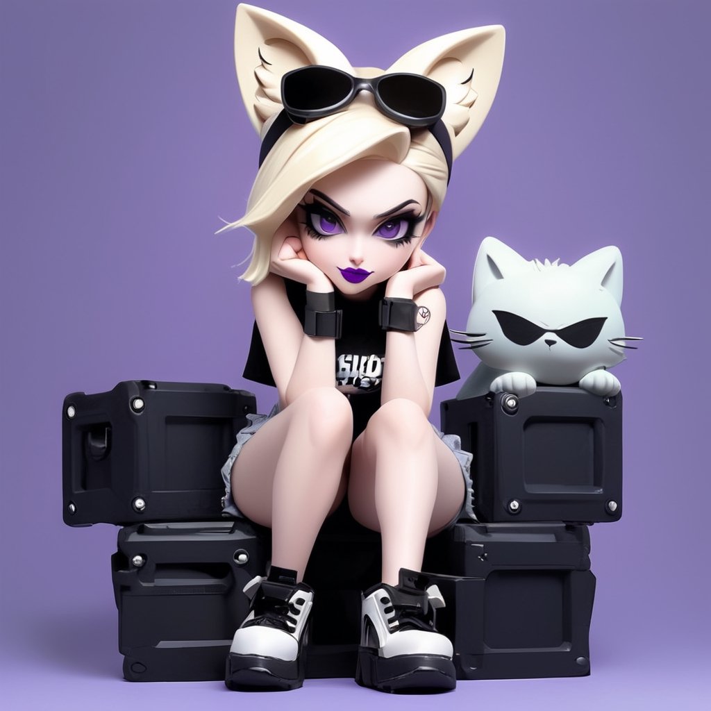 sticker design, Super realistic, full body, a girl with cat ears, short light blonde hair, the tips of hair dyed lavender, black and purple lips, black eyeliner, headphones hanging around her neck, flying goggles on her head, black goth punk Dressed in a short-sleeved hollow top, hot pants, and a tactical fanny pack, sitting on a small stool with her elbows on knees and her chin on palms, showing a thinking expression and her mouth slightly poutted. Simple light gray background.