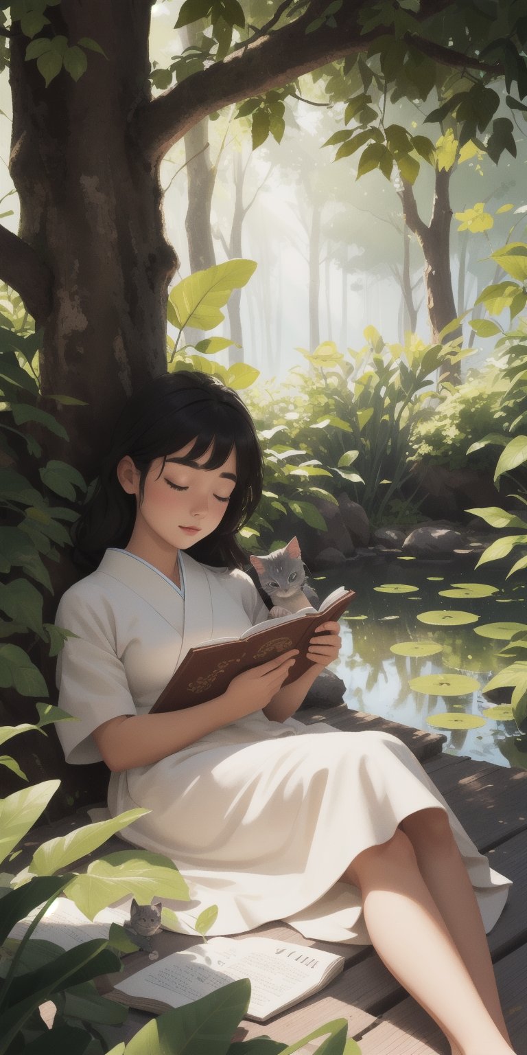 masterpiece, high quality, 8K, high_res, 
Realistic, CG style, on a hot summer day, the soft sunlight casts mottled light and shadow through the leaves. A young girl in a dress takes a nap while lying on a Japanese wooden platform on a pond, next to an open book, a cold drink and a cute gray mini kitten. Peaceful and peaceful atmosphere, beautiful, elegant, very detailed, establishing shot, ,girl