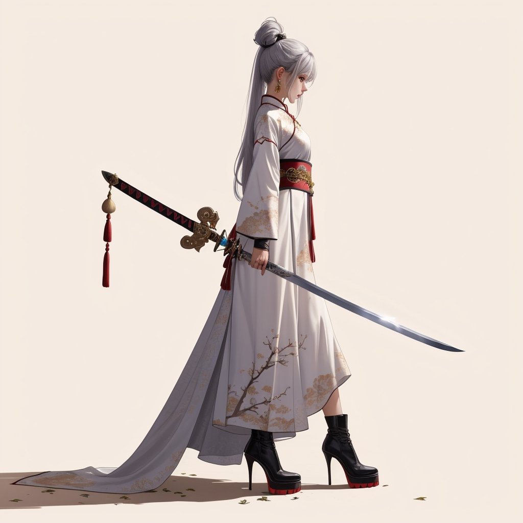 1girl, solo, simple background, gloves, long sleeves, Great sword, long sword, chinese traditional dress, jewelry, standing, full body, weapon, silver hair, earrings, black gloves, high pony tail, black footwear, high heels, from side, profile, makeup, high heel boots, sword stuck in the ground, hands hold the sword hilt in front of her chest, long skirt,Fashion cheongsam, HanFu,jianxian