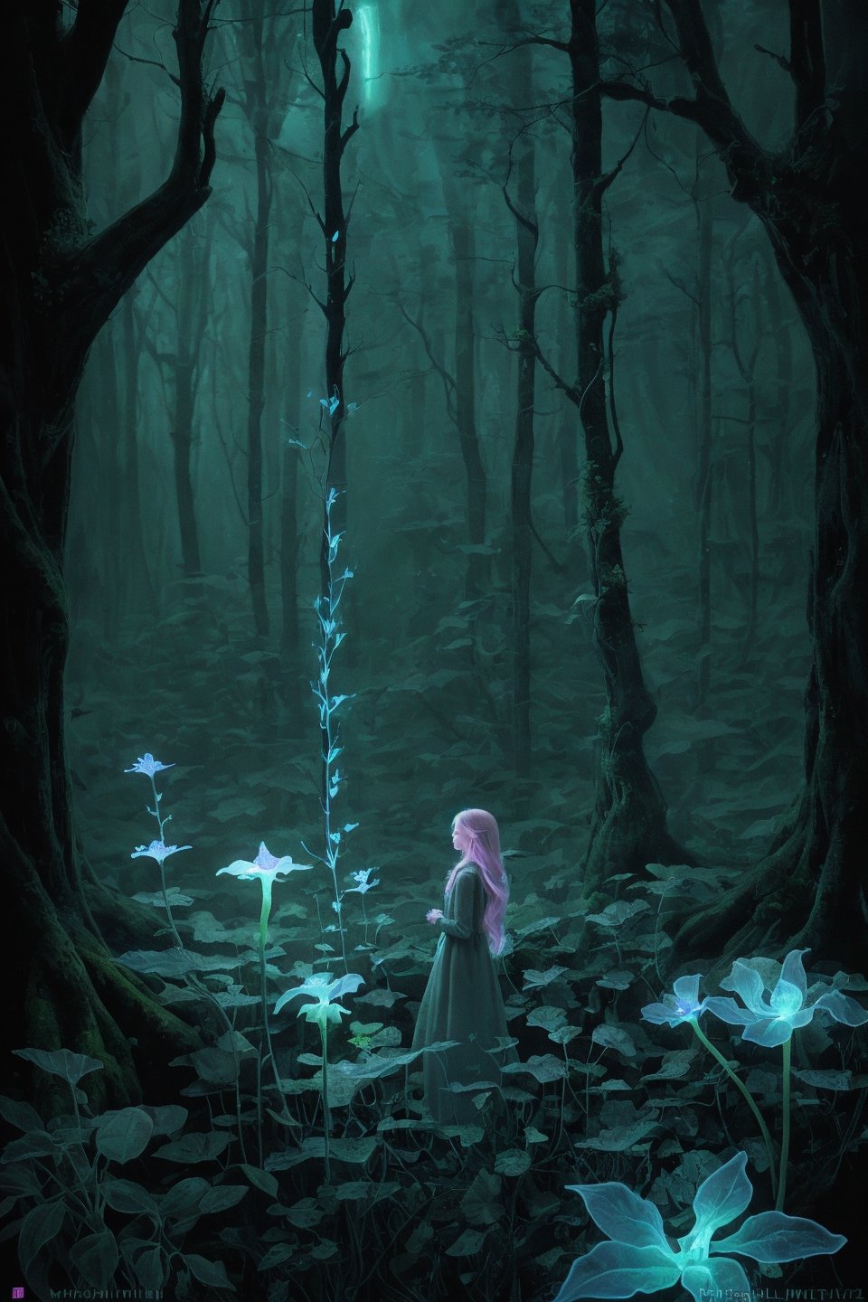 Ultra detailed illustration of a elf lost in a magical world full of wonders forest, unique luminous flora, highly detailed, pastel colors,  digital art, art by Mschiffer, night, dark, grey bioluminescence, darkness background, 1girl,wgz_style