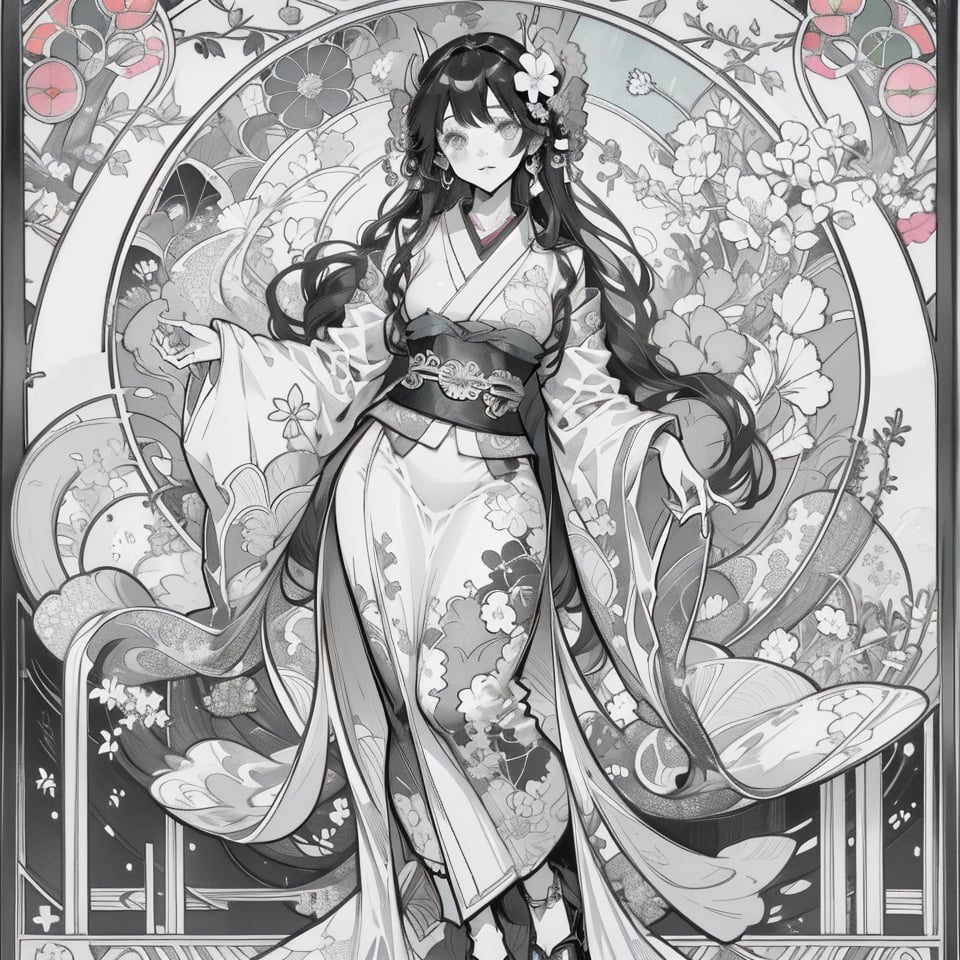 monochrome,grayscale high quality, high detailed line art, oriental, detailed art-nouveau stained glass, full body, Japanese God of Thunder,Raijin,cute,kawaii,mucha art style