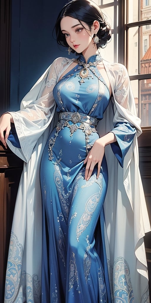 a woman in a sheer dress with a white paisley print, retro and ethereal, 1930s style clothing, paisley, astral dress, prints, blue swirling dress, lookbook, full length view, navy, dressed in ornate, patterned clothing, witchy clothing, h704, 1940s, h768

