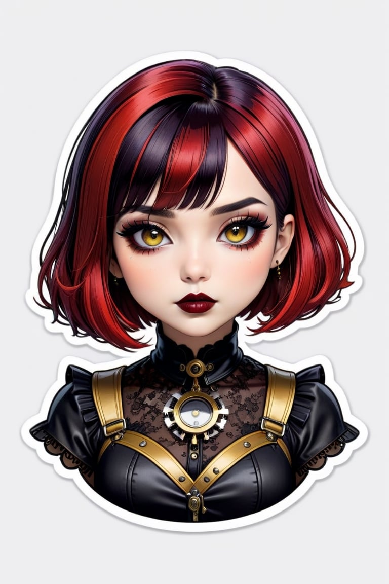 sticker design, steampunk, upper body, close eyes, white background, bob cut, short hair, multicolored hair, makeup , parted lips, black lips, eyeliner, gothic, goth girl,
her hair is styled in a bob with bangs. the tips of her hair are dyed red. sweet cartoon style

,disney pixar style,Line Chibi yellow