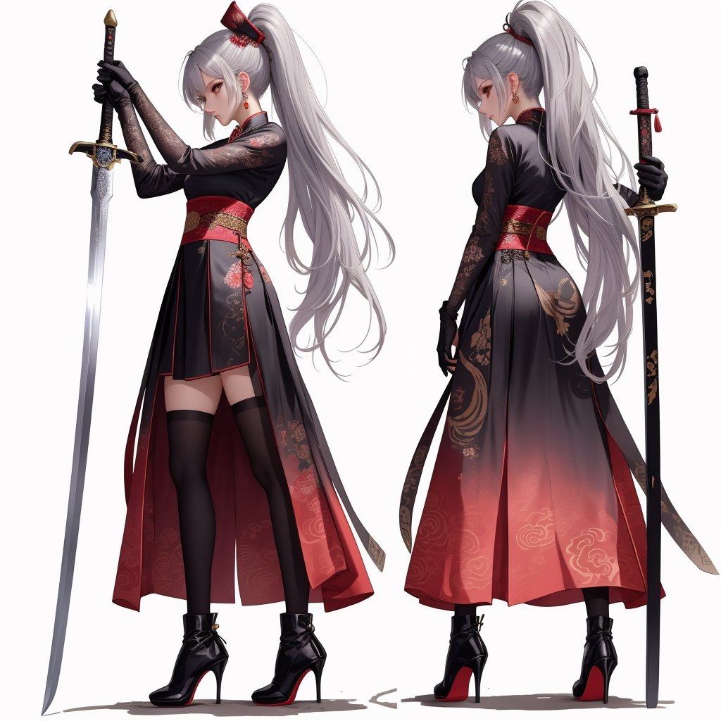 1girl, solo, simple background, gloves, long sleeves, Great sword, long sword, chinese traditional dress, jewelry, standing, full body, weapon, silver hair, earrings, black gloves, high pony tail, black footwear, high heels, from side, profile, makeup, high heel boots, sword stuck in the ground, hands hold the sword hilt in front of her chest, long skirt,Fashion cheongsam, HanFu,jianxian