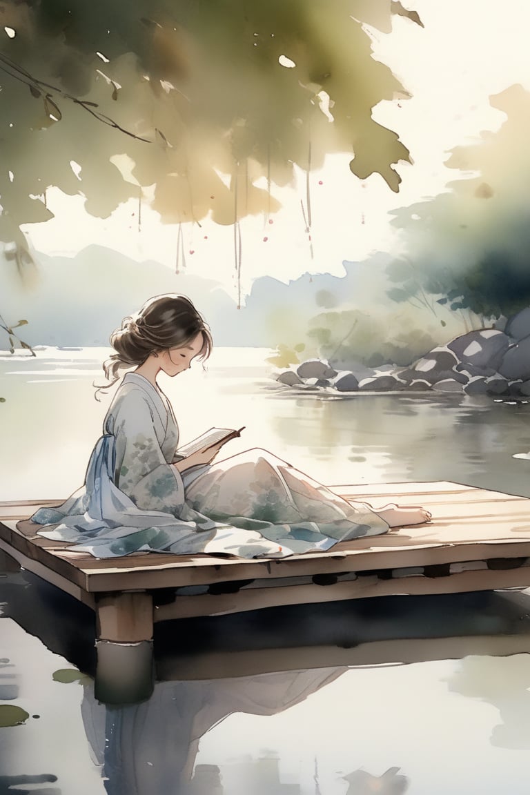 A masterpiece of high-quality 8K resolution, featuring intricate ink lines and watercolor wash. A serene establishing shot captures a young girl in a flowing dress reclining on a Japanese wooden platform beside a tranquil pond. Soft sunlight filters through the leaves, casting dappled shadows as she sleeps peacefully, surrounded by an open book, a refreshing glass of icy drink, and a playful gray kitten. The atmosphere is dreamy and ethereal, with soft colors and exquisite detail.