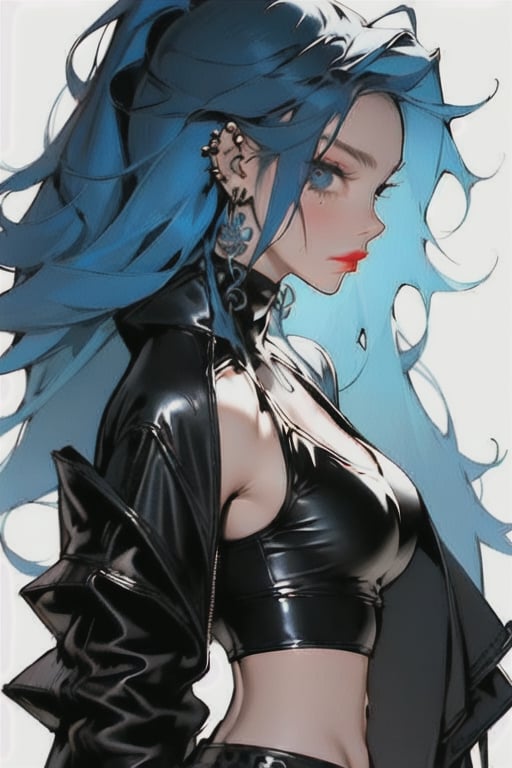 1girl, solo, breasts, looking at viewer, blue eyes, simple background, white background, jewelry, medium breasts, closed mouth, blue hair, jacket, upper body, earrings, open clothes, midriff, from side, open jacket, lips, black jacket, crop top, makeup, piercing, ear piercing, leather, leather jacket,stylemidjurney