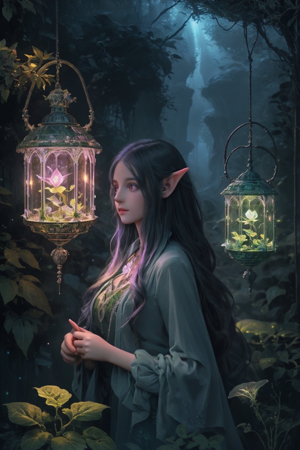 Ultra detailed illustration of a elf lost in a magical world full of wonders forest, unique luminous flora, highly detailed, pastel colors,  digital art, art by Mschiffer, night, dark, grey bioluminescence, darkness background, 1girl