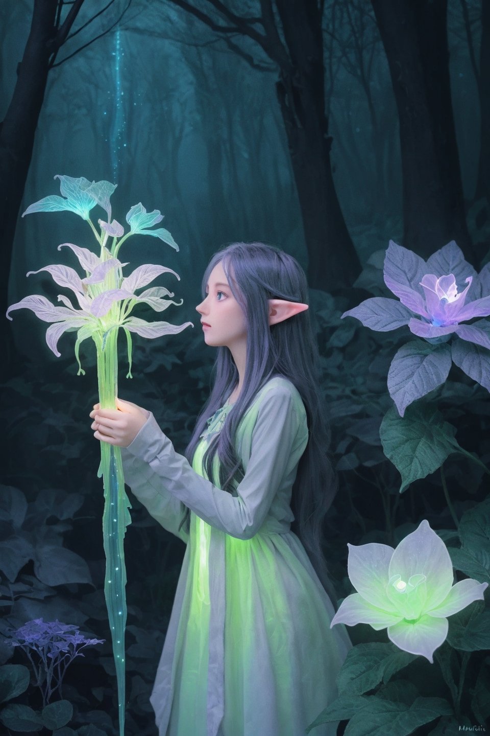 Ultra detailed illustration of a elf lost in a magical world full of wonders forest, unique luminous flora, highly detailed, pastel colors,  digital art, art by Mschiffer, night, dark, grey bioluminescence, darkness background, 1girl