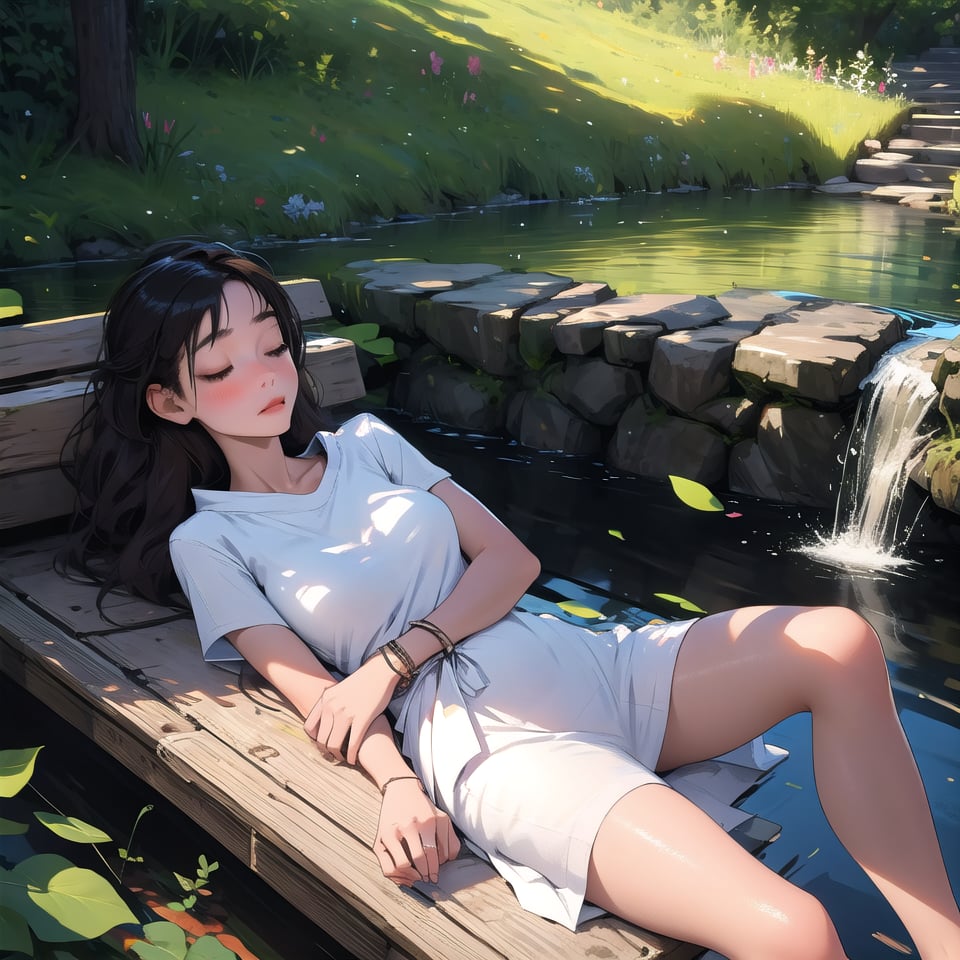 Realistic, CG style, on a hot summer day, the soft sunlight casts mottled light and shadow through the leaves. A teenage girl in a thin dress is lying on a Japanese-style wooden platform on the pond, taking a nap next to an open book, a glass of icy drink. Peaceful and peaceful atmosphere, beautiful, elegant, very detailed, establishing shot, perfect face
