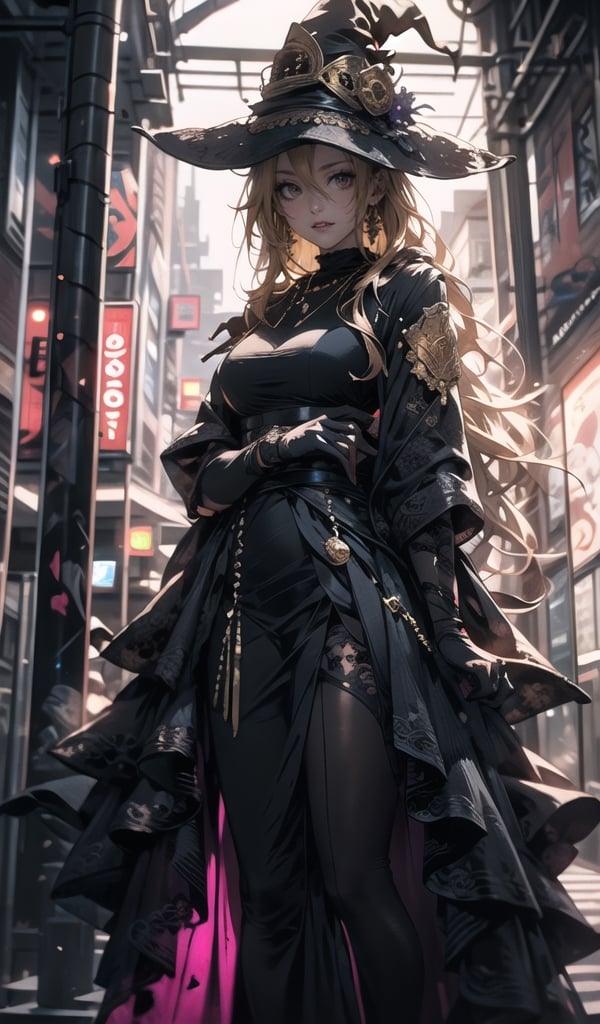 Red eyes, evil, golden, shiny, gold hair,High detailed ,midjourney,perfecteyes,Color magic,urban techwear,hmochako,better witch,witch, witch,Long hair,free style,horror (theme)