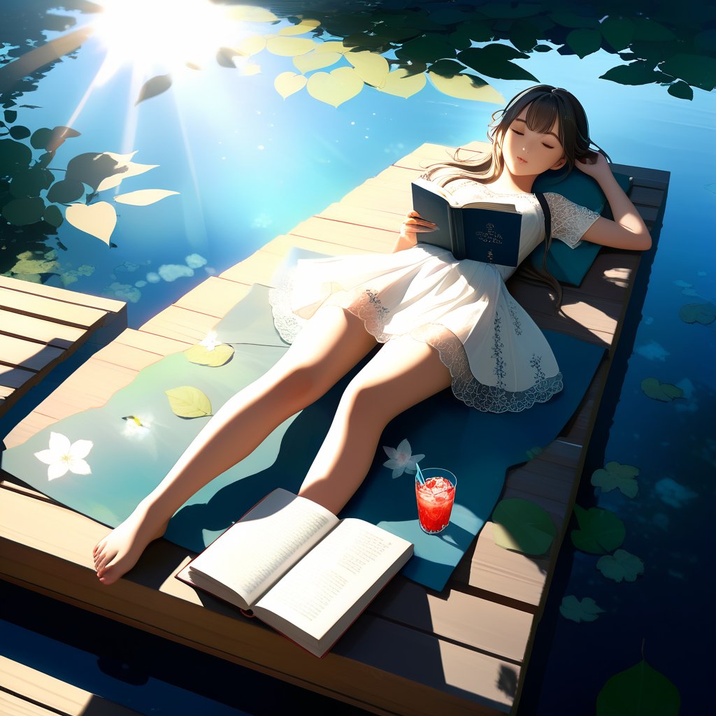 Realistic, CG style, on a hot summer day, the soft sunlight casts mottled light and shadow through the leaves. A teenage girl in a thin dress is lying on a Japanese-style wooden platform on the pond, taking a nap next to an open book, a glass of icy drink. Peaceful and peaceful atmosphere, beautiful, elegant, very detailed, establishing shot
