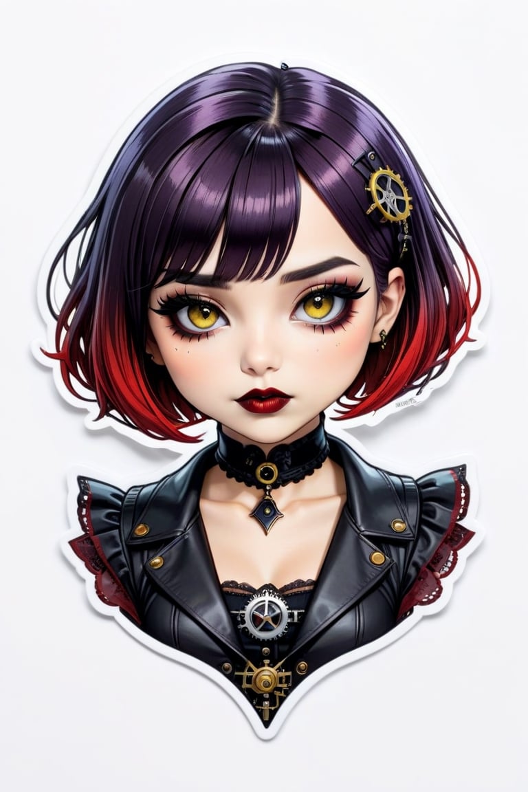 sticker design, steampunk, upper body, close eyes, white background, bob cut, short hair, multicolored hair, makeup , parted lips, black lips, eyeliner, gothic, goth girl,
her hair is styled in a bob with bangs. the tips of her hair are dyed red. sweet cartoon style

,disney pixar style,Line Chibi yellow