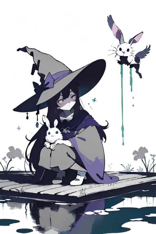 girl caressing a rabbit, dressed as a witch near a river, crouching caressing the rabbit, pastel colors, purple colors, blue colors, green colors, shading, gray scale, hand drawn,wgz_style