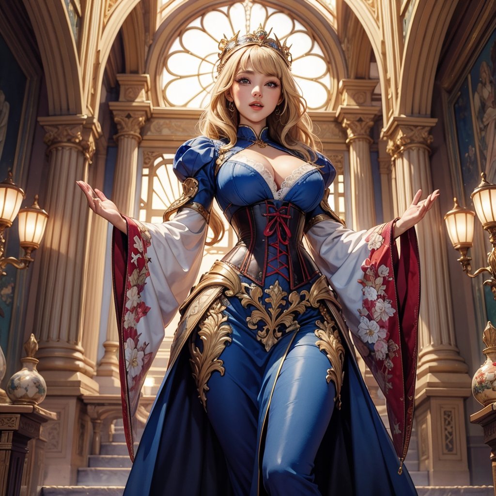 masterpiece,8K wallpaper,(photo-realistic:0.6),best quality,A masterpiece of Art Nouveau style illustration,The goddess of victory standing wide stance,wearing Rococo style clothes,fluffy lacy dress,corset,fluffy long_skirt,(holding the French flag).(picture of Liberty Leading the People:0.5),Glamorous thick body, beautiful big breasts, white skin,blonde, bangs,wavy long hair,Japanese girl's face