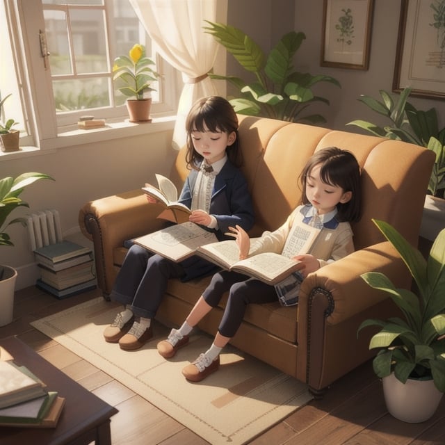 (isometric 3D model:1.1). 12 years old,cute 2 girls sitting side by side.looking at viewr,perfect eyes,(A girl is sitting on the sofa and reading her very huge book:1.2),Adhere to magical victorian design principles and incorporate houseplants for a soothing atmosphere,isometric,,diorama,bloom,high lights.(cutaway diagram,from a distance:1.2),