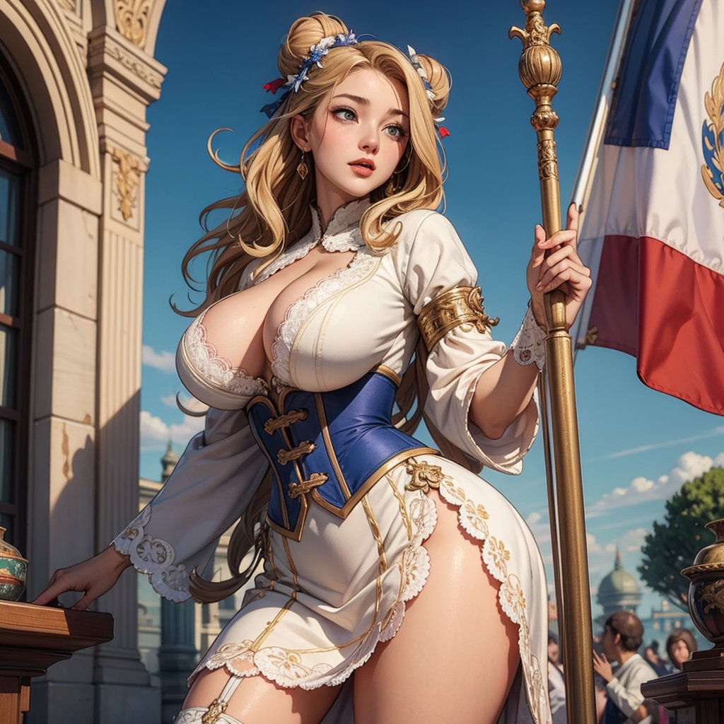 masterpiece,8K wallpaper,(photo-realistic:0.1),best quality,A masterpiece of Art Nouveau style illustration,The goddess of victory standing wide stance,wearing Rococo style clothes,fluffy lacy dress,corset,fluffy long_skirt,(holding flag,French flag:1.2).(picture of Liberty Leading the People:0.5),Glamorous thick body, beautiful big breasts, white skin,blonde, wavy hair bun,Japanese girl's face