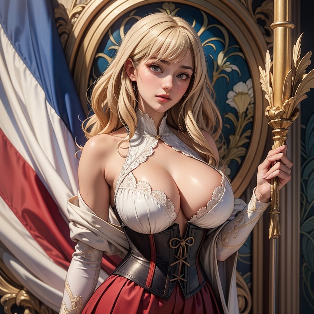 (masterpiece,photo-realistic,RAW photo,8K wallpaper),best quality,A masterpiece of Art Nouveau style illustration,The goddess of victory standing wide stance,wearing Art Nouveau style clothes,fluffy dress,corset,fluffy long_skirt,(holding the French flag:1.2). Glamorous thick body, beautiful big breasts, white skin,blonde, bangs,wavy medium hair,Japanese girl's face