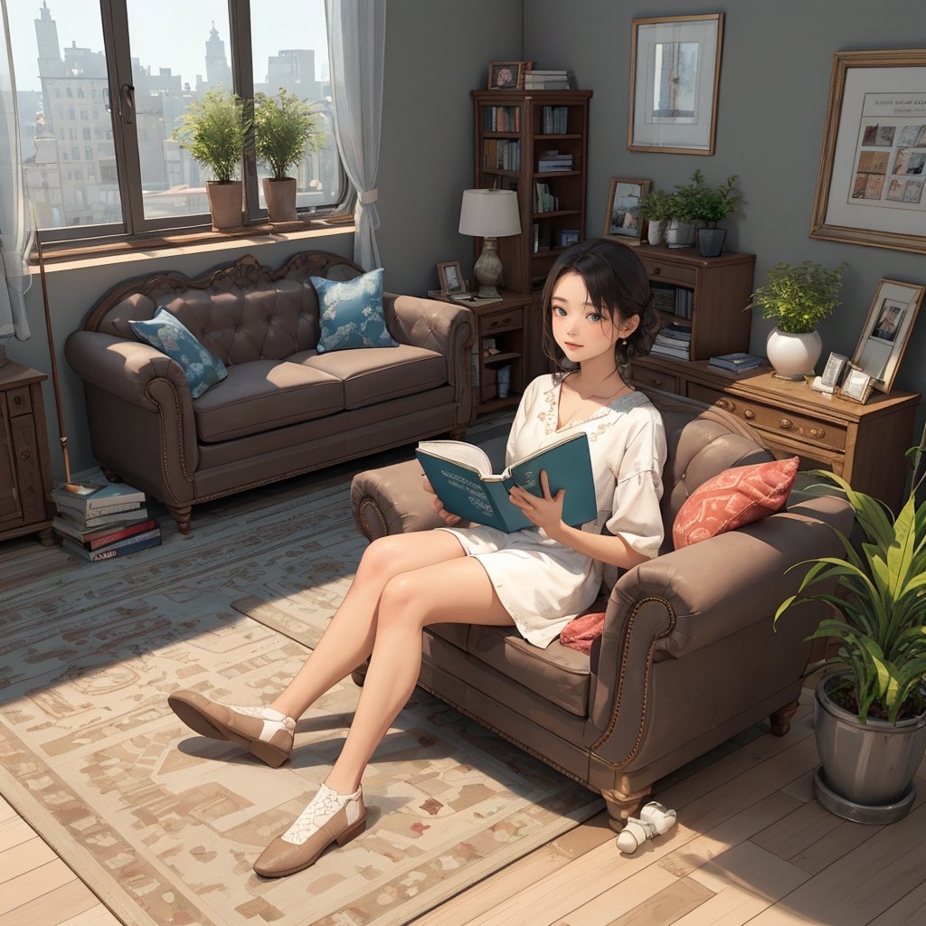 (isometric 3D model:1.1). 26 years old,cute girl.looking at viewr,perfect eyes,(A girl is sitting on the sofa and reading her book:1.2),Adhere to victorian design principles and incorporate houseplants for a soothing atmosphere,retro car on the other side of the window,isometric,,diorama,bloom,high lights.(cutaway diagram,from a distance:1.3),isometric view