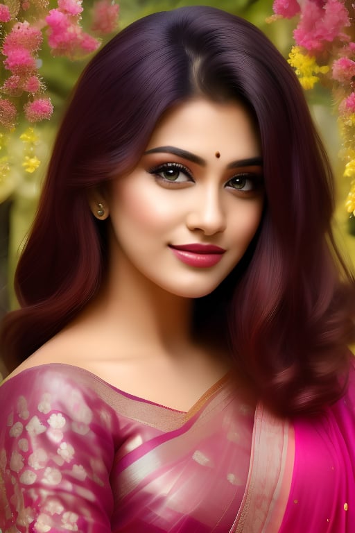 indian 25 year beautifull sexy girl, look like actress Madhubala, Vyjayanthimala,Style by Epic Seven: 1.3 , Eye Details: 1.3, Break, Long Hairstyle, Shining natural black long Hair: 1.3, Face Details: 1.3, Happy Smile,Garden of Eden Her face is a vision of purity, framed by a riot of colorful flowers that seem to bloom just for her. Her hair, the color of midnight, falls in gentle waves around her face, framing features that are both delicate and strong. Her eyes, the color of the sky just before dawn, are wide and expressive, filled with a sense of wonder. Her lips, a soft pink, are curved into a gentle smile, as if she is in on the secret of the universe. The background is a riot of colors, with flowers of every shape and hue, adding to the sense of beauty and abundance that surrounds her.
,Extremely Realistic Face