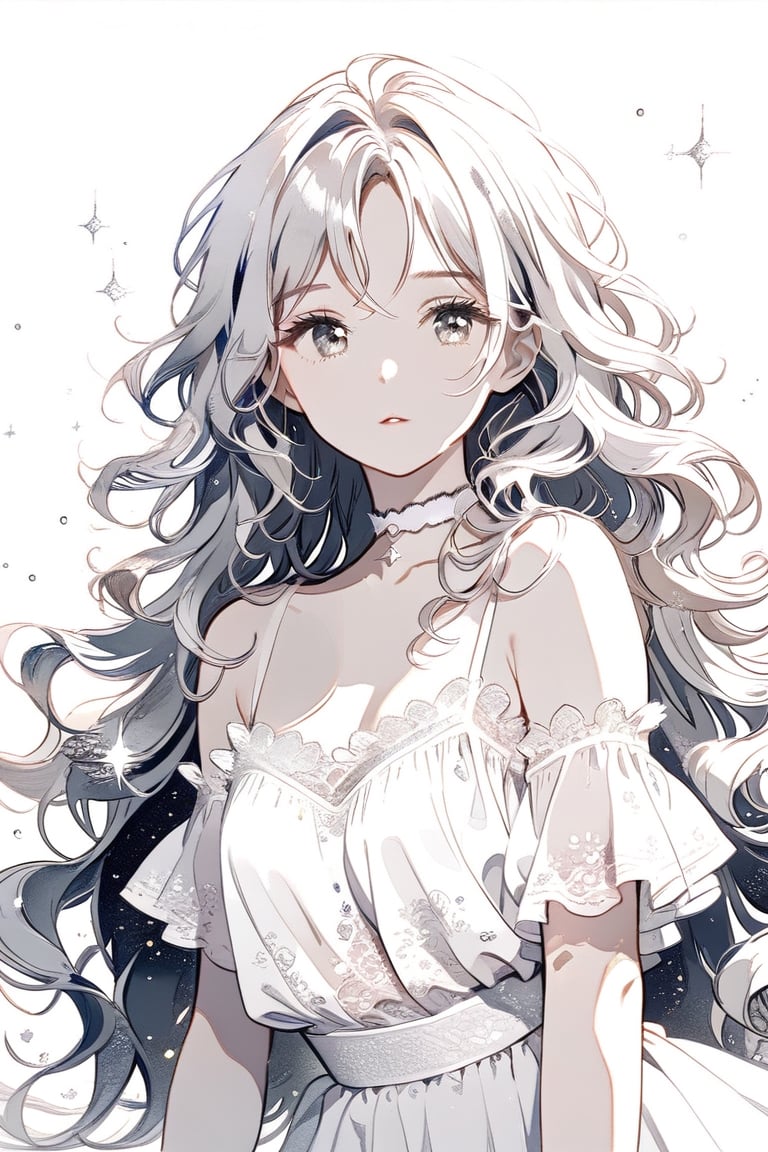 monochrome, white background, cute girl. white camisole, white choker, long wavy hair, white hair, gray eyes, glitter,