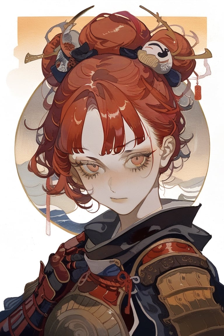 warrior, 1 girl, alone, red hair, armor, white background, looking at viewer, bun, head on, simple background, portrait, short hair, red eyes, hair decoration,
masterpiece, best quality, aesthetic, illustration, ukiyo-e,