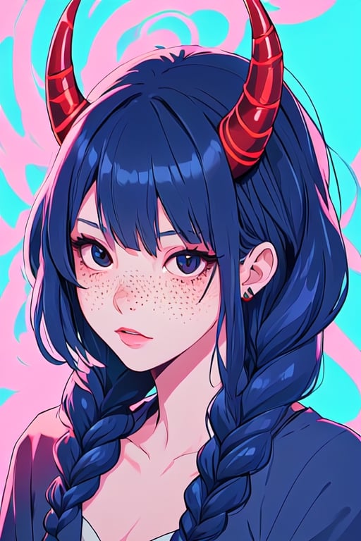 1 girl, oni, dark blue hair, braids, black eyes, freckles, horns, woman_only, portrait, upper body, abstract background