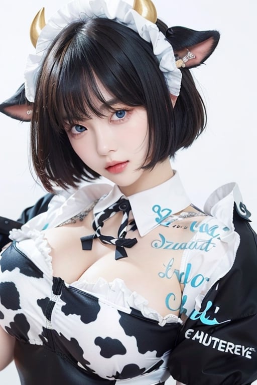 masterpiece, z1l4, dream_girl, realistic, Soojin, detailed face, realistic, beautiful girl, with short black hair, blue eyes, wearing a sexy cow suit, big breasts