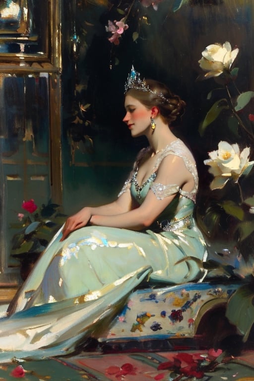 a 15-year-old girl in a jade-colored quinceanera dress, with crystal earrings and a diamond tiara, sitting in a flower garden, masterpiece, oil painting, classical painting