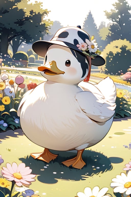 a chubby, animated duck, with a little cow hat, in a garden of small flowers