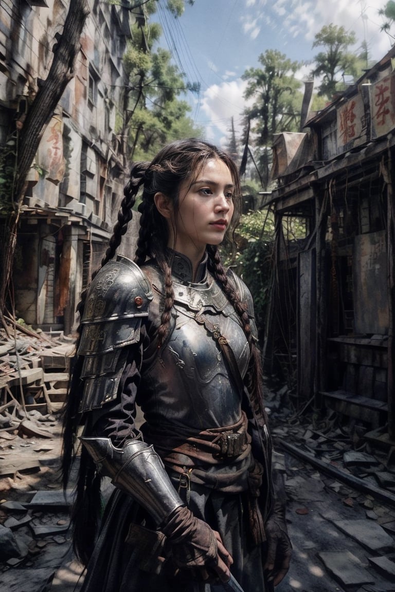 "A beautiful yet ruthless woman, exuding both sensuality and determination. She is the White Bone Spirit (Baigujing) from the Chinese mythological tale 'Journey to the West,' dressed in white bone armor. Behind her are towering rocks and withered trees. Her streaked white braids flow from her helmet and drape over her armor, Black eye shadow makeup,Nails are sharp and long. On her back, she carries a weapon with sharp claws. The scene is captured in a mid-close side profile shot with a cinematic filming style, featuring high quality and rich details."