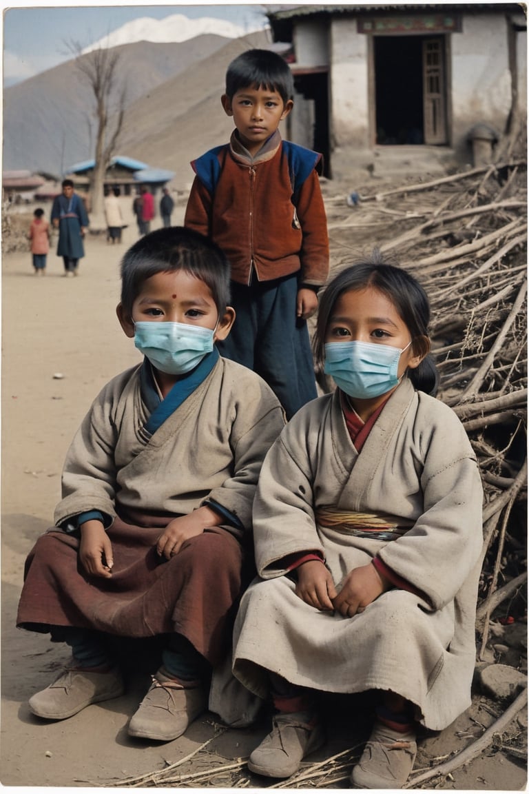 The focus is on a pair of Tibetan brother and sister who are sitting and resting, left-behind children, blush, wearing dirty and worn clothes, there is a pile of picked dead branches and  next to him, the younger sister is looking at the elder brother, and the eld brother’s helpless eyes are dull,  and like to be telling about infinite time of waiting for their parents, the sharp lines and bright colors seem to have nothing to do with them the background of the messy buildings. The overall effect is thought-provoking and visually shocking. Challenging traditional aesthetics,