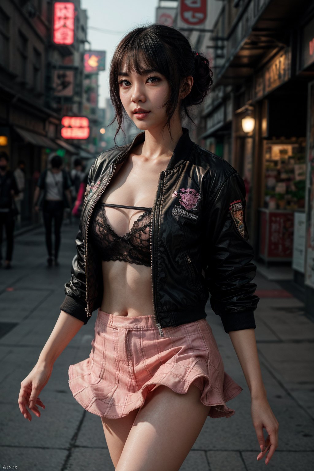 Masterpiece, Best quality, Photorealistic, Ultra-detailed, fine detail, high resolution, 8K wallpaper, arafed woman in a pink jacket and skirt posing for a picture, artwork in the style of guweiz, ross tran style, pink girl, guweiz, guweiz on artstation pixiv, guweiz on pixiv artstation, in the style of ross tran, trending on cgstation, cyberpunk anime girl, trending on artstation pixiv