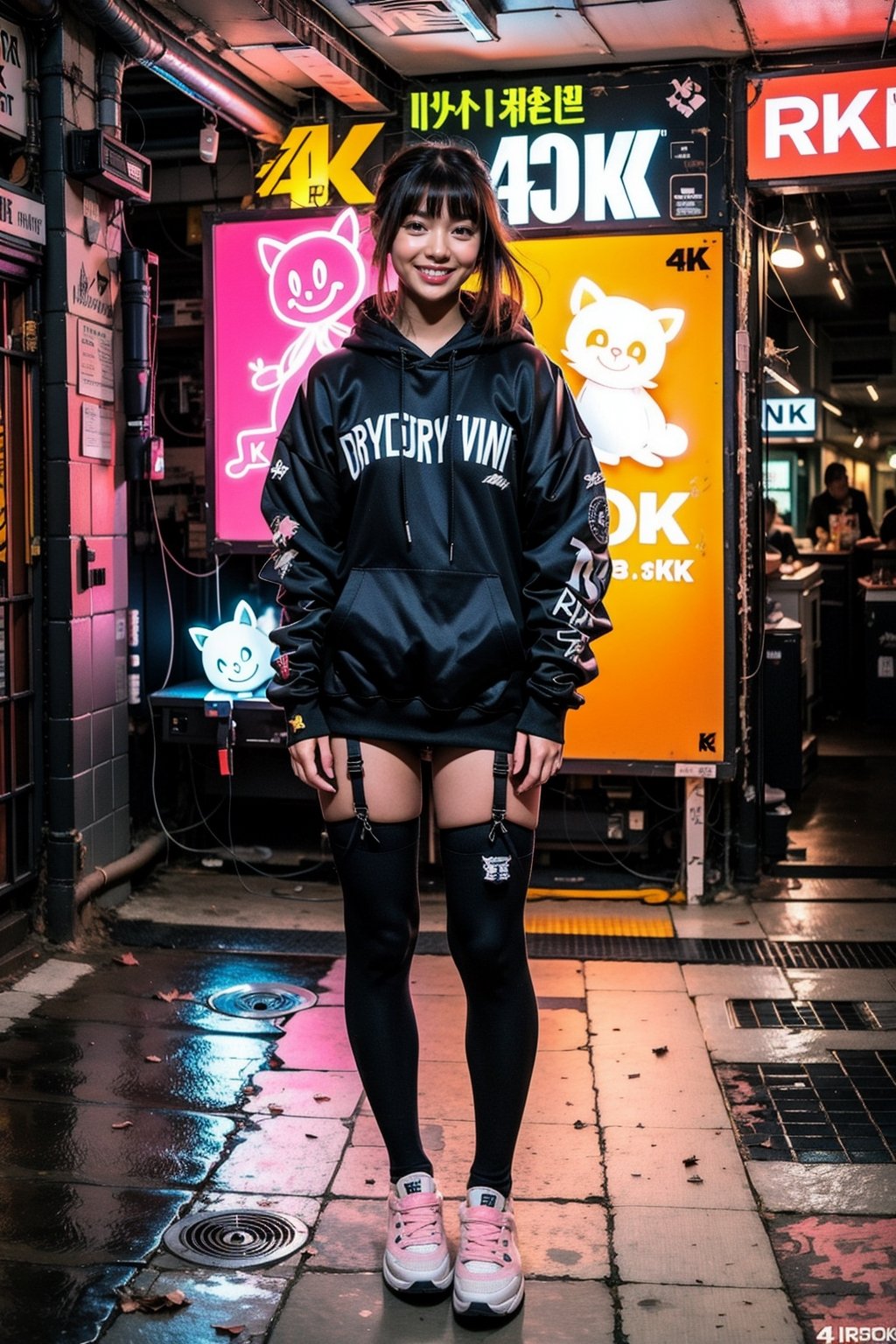 (depth of field, full body view, best quality, 8k, highres, masterpiece:1.2), 1 Korea girl, 18yo, pretty, smile, makeup, blush, large breast, cute posing, hoodie, sneakers, push-up bikini, thighhighs, (pink micro thong), cybercity, cyberpunk, street, graffiti on walls, neon lights, signs BREAK dark makeup, black eyes,  brown hair, fringe, bangs, BREAK boombox on ground, ultra-detailed texture, hyper-realistic, photo realistic, dynamic lighting, exaggerated, full of dynamic, geometric, particle, holo, motion lines, very detailed faces, 4k, in the dark, deep shadow, low key, insane details, perfect eyes, insane details, high details, insane details, high details, realistic, young beauty spirit,  