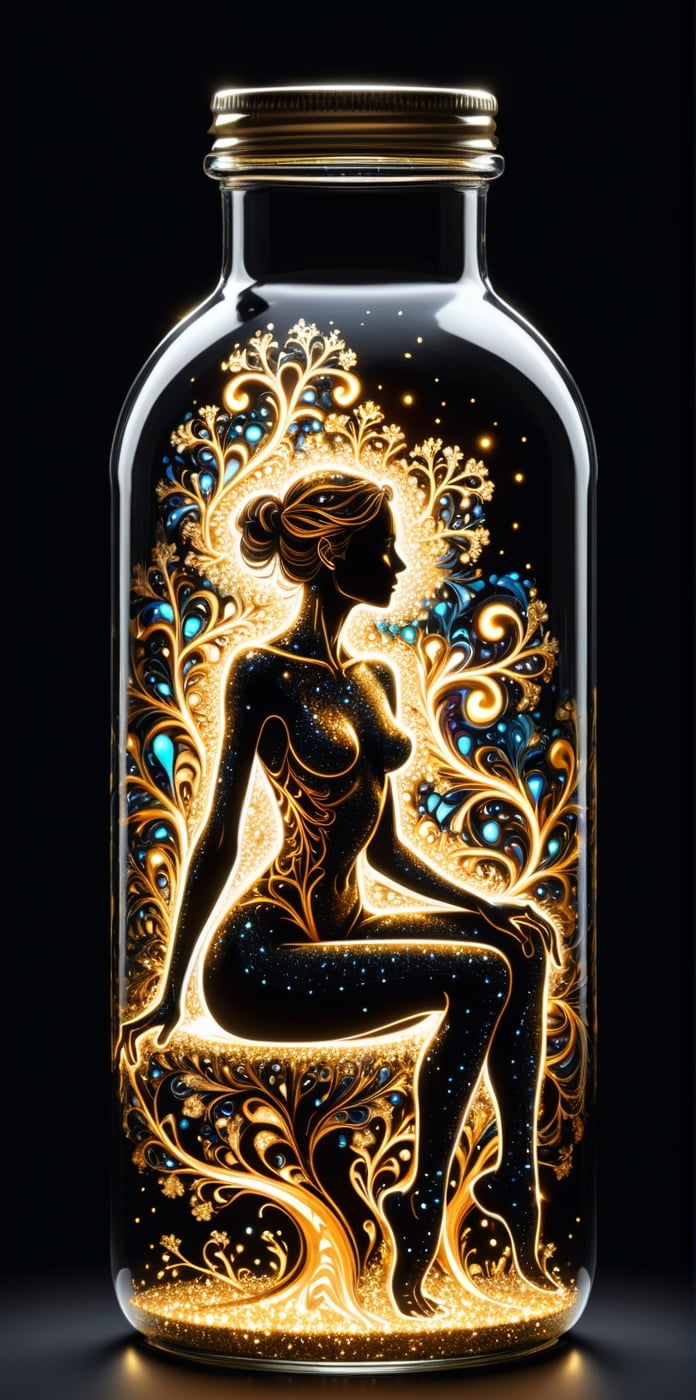 thin, fine fractal glossy vivid colored ink sketch shiny contours outlines of a perfect physique female silhouette, sitting, spread legs,
dark fractal background,
glitter,1girl,in a jar