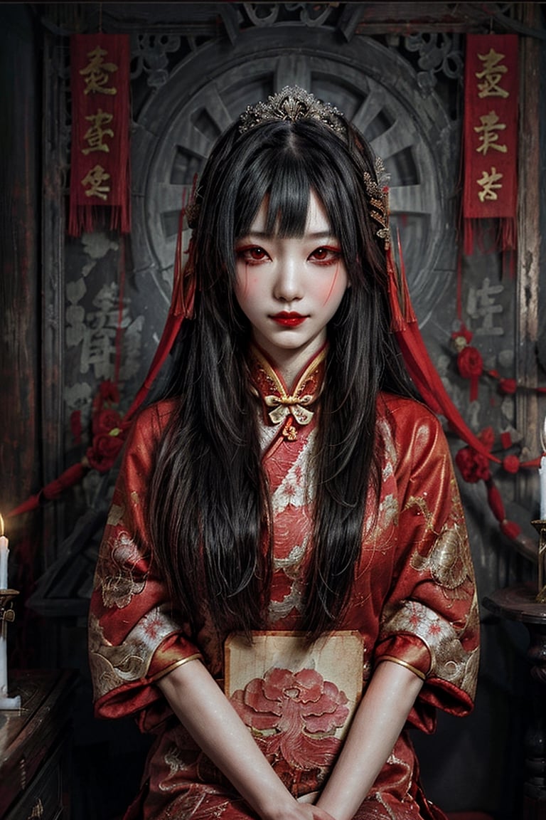 Masterpiece, Best Quality, Beautiful, High Quality, High Resolution Aesthetics, Detailed, Extremely Detailed, Ambient Soft Lighting, Perfect Eyes, Perfect Face, Somber Expression, 1girl, long black hair, hair accessories, 
Horror atmosphere, ancient Chinese bride, sitting in the room, candles on the table, red traditional Chinese dress, pale face, exquisite headdress, red lips, weird smile, a picture full of horror atmosphere,epiC35mm, qzcnhorror