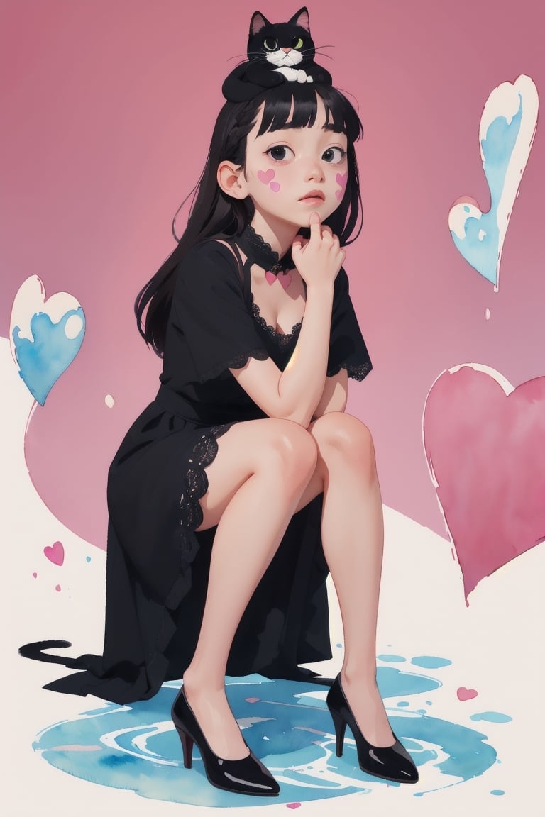 (masterpiece of watercolor,high color:1.1),16 years old,very short stature,solo,pretty Idol girl sit down frontal body,(black cat on her head),(hands on chest:1.1),legs apart,plump round face,(droopy black eyes,round eyes),slender body girl,natural big breast,tunic dress and long skirt with lace decoration,lace stockings,pumps,black hair,straight long hair,low twin-braids,bangs,heart paint on cheek,look up,(cross-eyed:0.3),from front,full body
BREAK
simple background,PINK background,broken water color,(colorful heart shapes are scattered),cat,cartoon,post-Impressionist
