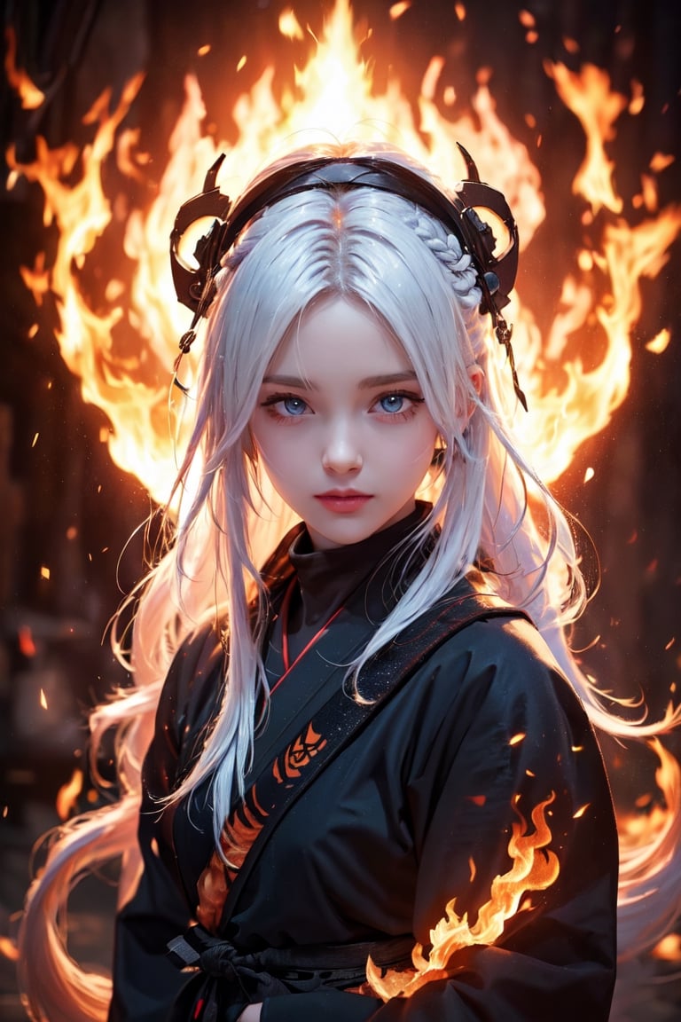 a Japanese ninja girl, long white fire hair, high quality, high resolution, high precision, realism, color correction, proper lighting settings, harmonious composition
