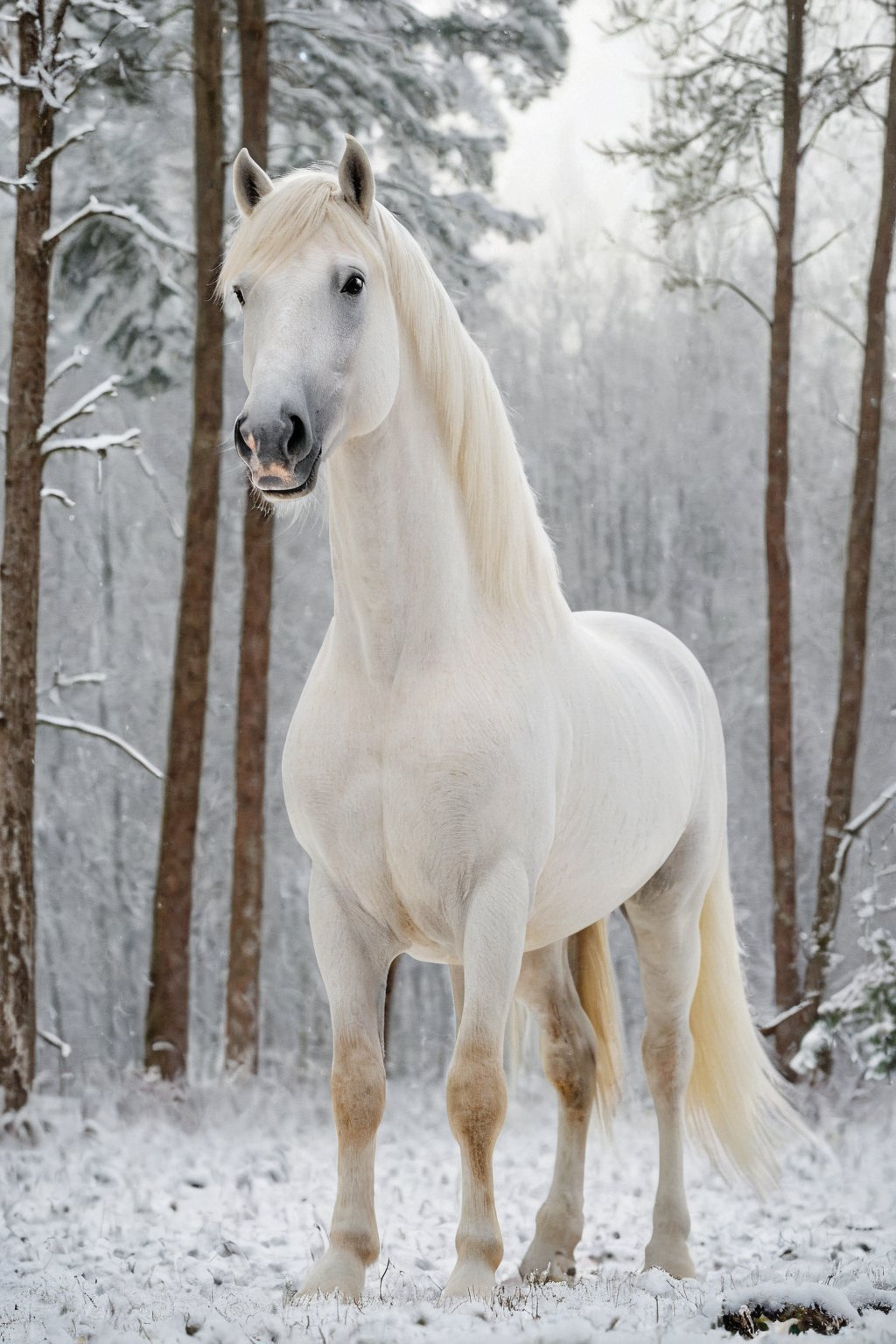 A striking photograph of a majestic white stallion, standing tall amidst the snow-covered tree line of a ridged forest. The early morning sunlight filters through the snow-laden branches, casting a golden glow around the horse. The horse's breath creates visible steam in the cold air, adding to the frosty atmosphere. The overall tone of the image is serene, capturing the essence of a fresh, beautiful winter day., photo